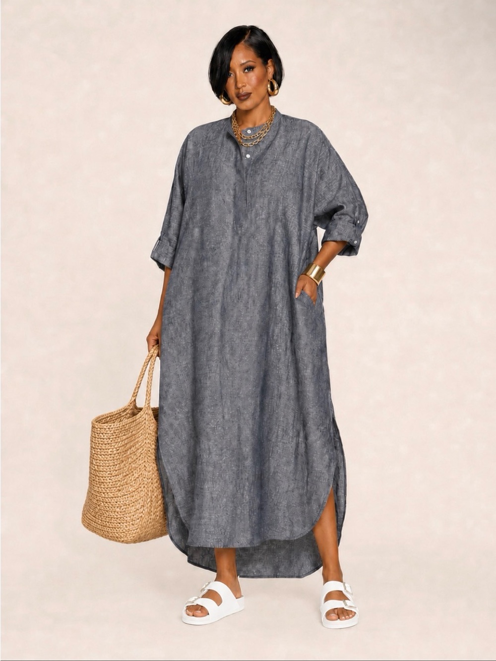 WE-AR4 Relaxed Linen-Style Maxi Shirt Dress in Slate Blue